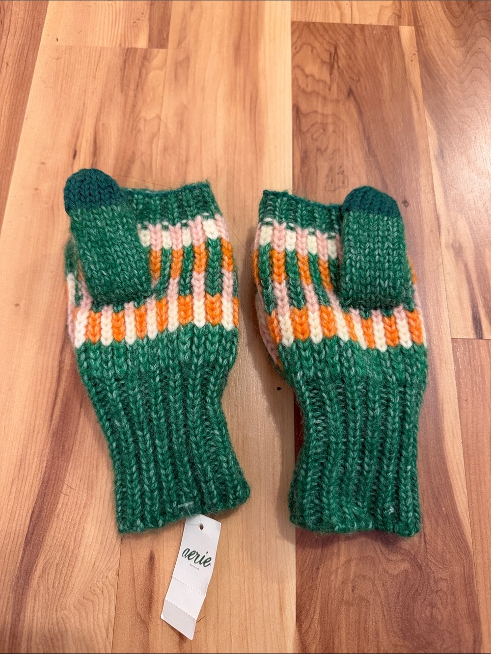 NWT aerie Green Knit Convertible Mittens with Orange & Cream Stripes - Picture 2 of 2